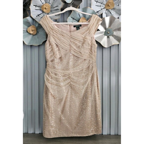 NWT Lauren Ralph Lauren Evening Dress  Gold Sequin Ruched Mesh Holiday Cocktail - Picture 2 of 9